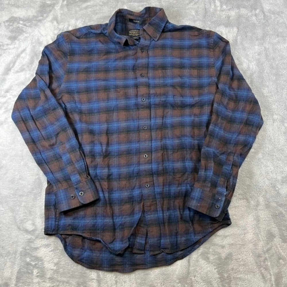 Pendleton Mason Flannel Shirt Plaid Blue Brown Button Long Sleeve Cotton L